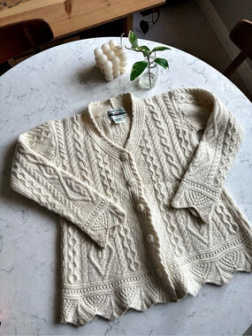 Aran Crafts Merino Wool V-Neck Cardigan with Scalloped Hem Cream Medium